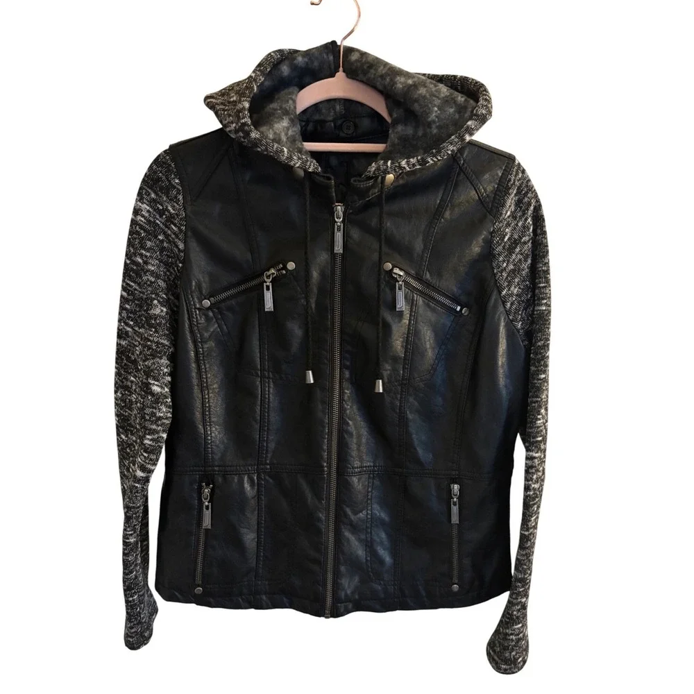 J2 Womens Large Black Faux Leather Mixed Media Hooded Jacket Knit Sleeves‎